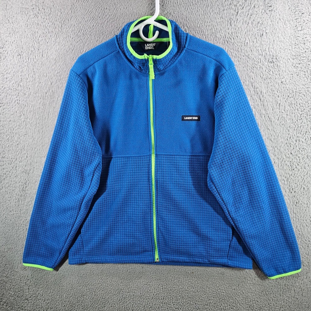 Lands End Mens Blue Grid Fleece Full Zip Jacket Lime Green Trim Large 42-44